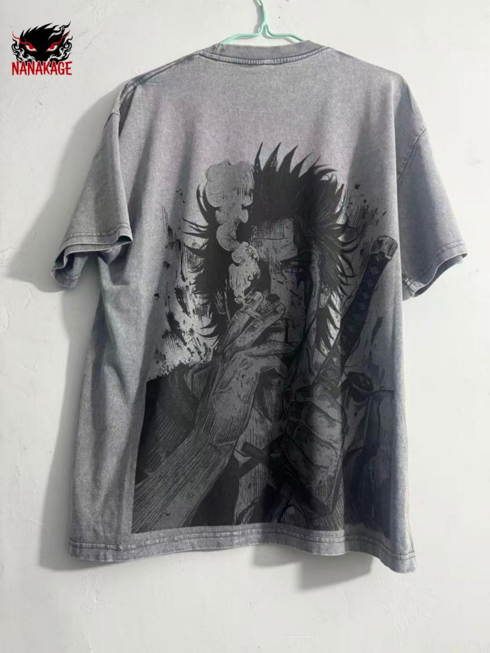 Gray acid-wash oversized t-shirt with Yami anime graphic print.