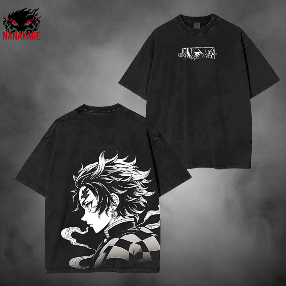 Black acid-wash oversized t-shirt with Demon Slayer anime graphic print.