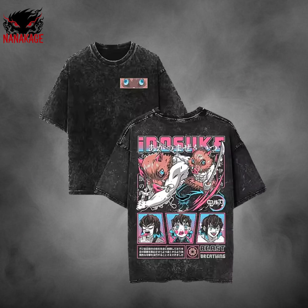 Black acid-wash oversized t-shirt with Demon Slayer anime graphic print.
