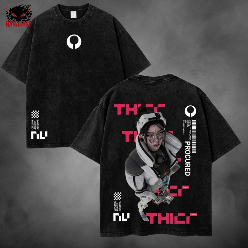 Gray acid-wash oversized t-shirt with Marathon Thief video game graphic print.