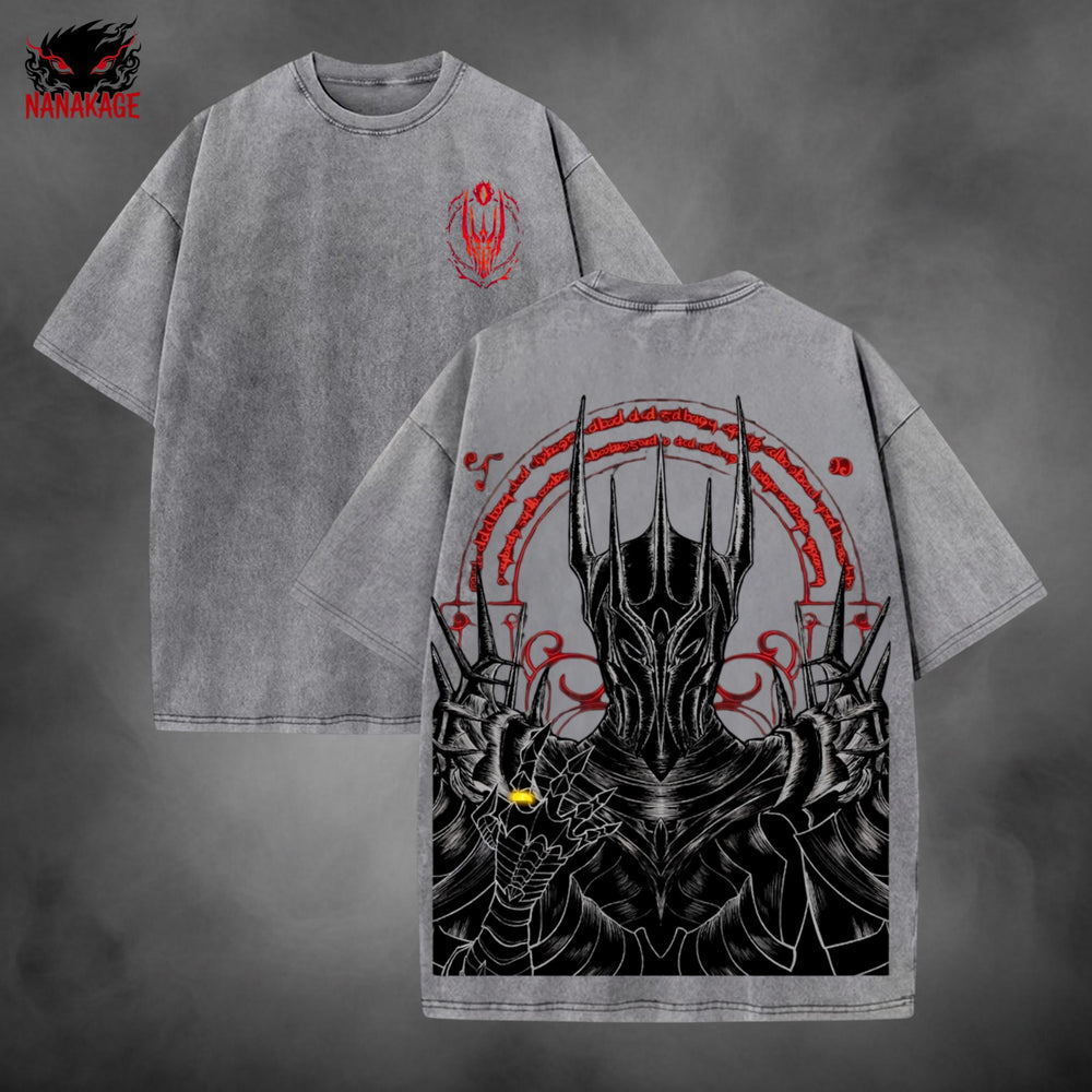 Black acid-wash oversized t-shirt with Sauron dark fantasy graphic print.