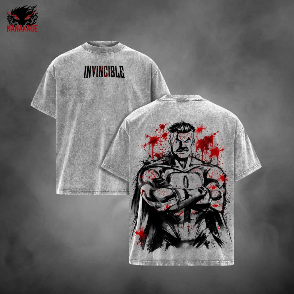 Gray acid-wash oversized t-shirt with Omni Man comic graphic print.