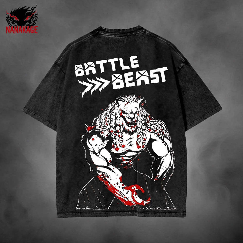 Pink acid-wash oversized t-shirt with Battle Beast comic graphic print.
