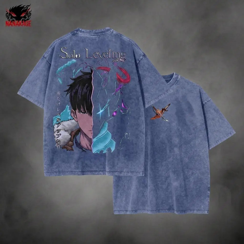 Gray acid-wash oversized t-shirt with Sung Jin Woo manhwa anime graphic print.