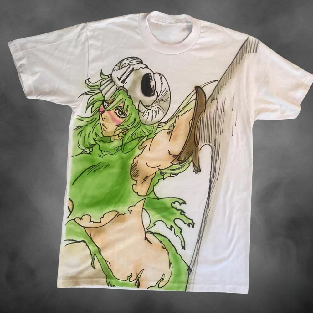 White oversized all-over-print t-shirt with jade demon skull green character manga graphic print.