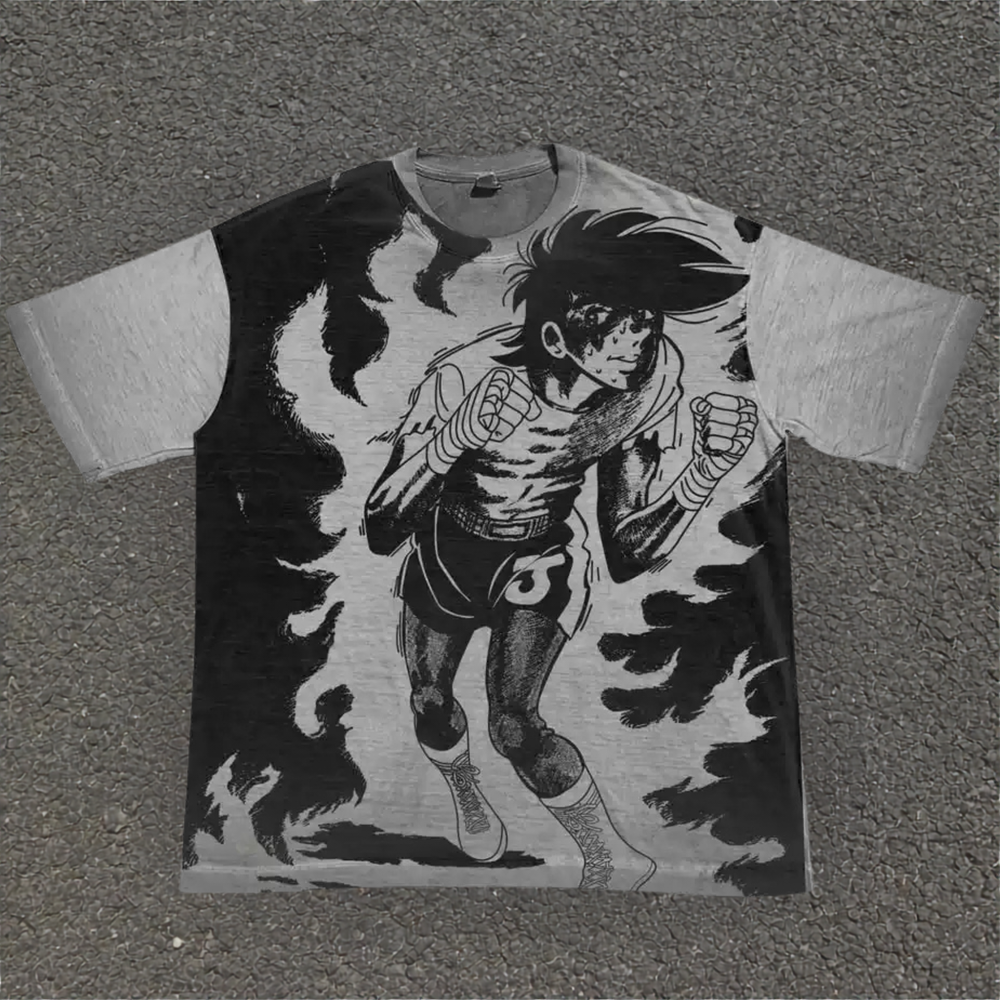 Joe Yabuki gray all-over print tee, front boxing artwork