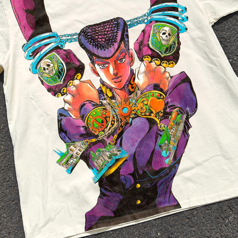 Josuke Higashikata JoJo Bizarre Adventure graphic tee detail. NANAKAGE