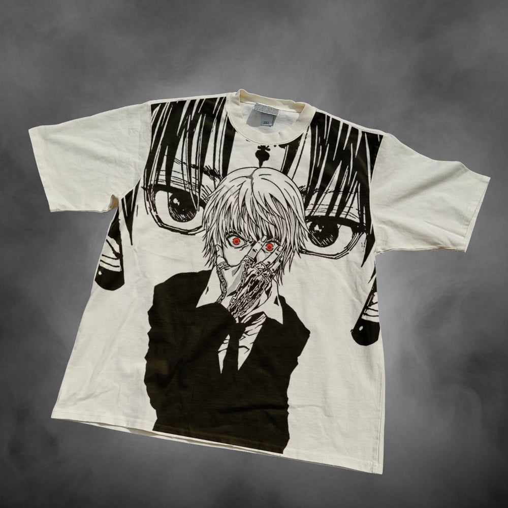 Cream oversized all-over-print t-shirt with Ken Kaneki manga panel Tokyo Ghoul anime graphic print.