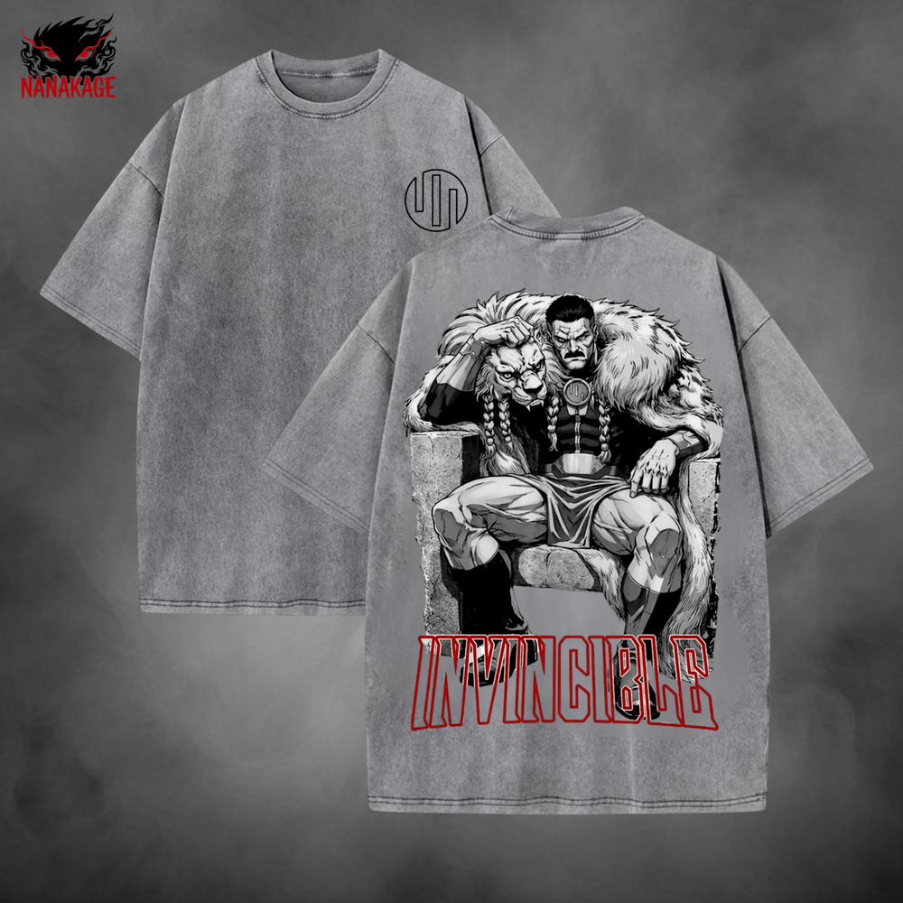 Gray acid-wash oversized t-shirt with Grand Regent Thragg comic graphic print.
