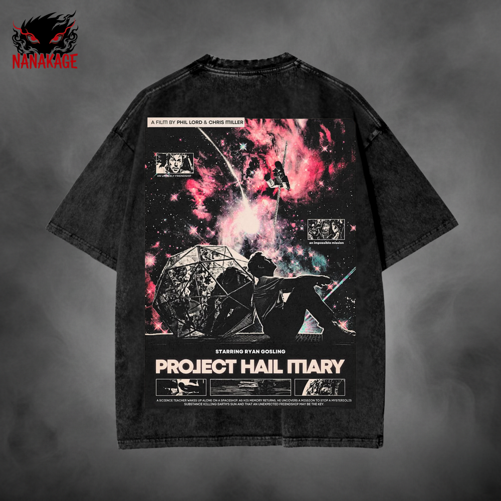 Black acid-wash oversized t-shirt with Hail Mary Poster Movie streetwear graphic print.