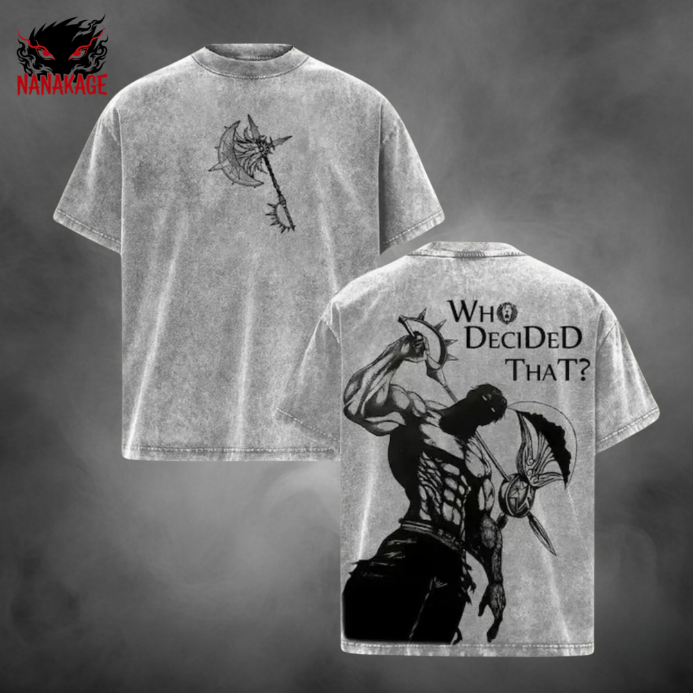 Gray Acid-wash oversized t-shirt with Seven Deadly Sins Escanor anime graphic print.