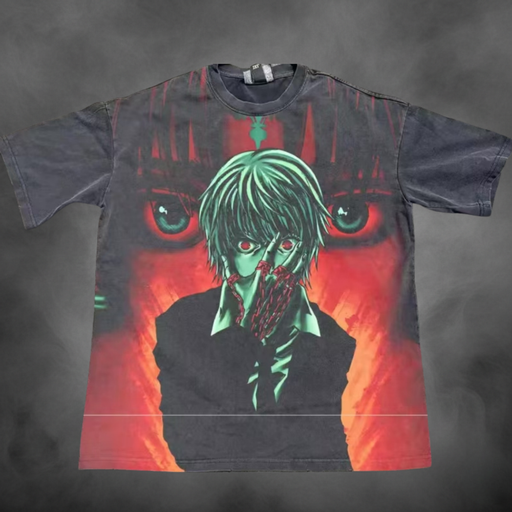 Acid-wash oversized all-over-print tee with Kurapika Scarlet Eyes V1 anime graphic print.