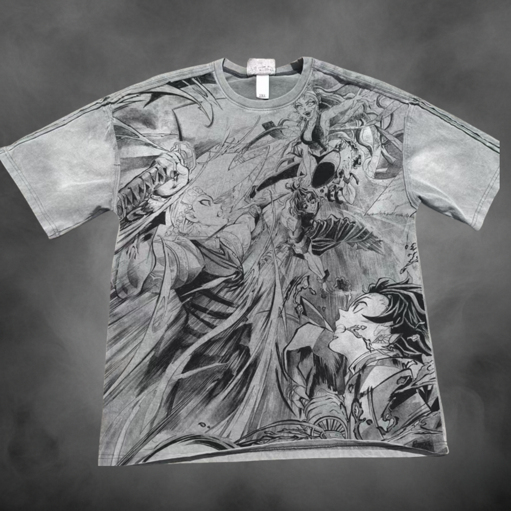 Acid-wash oversized pullover hoodie with Entertainment District Battle anime graphic print.