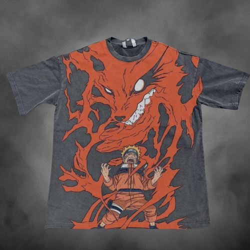 Acid-wash oversized all-over-print tee with Nine Tails V1 anime graphic print.