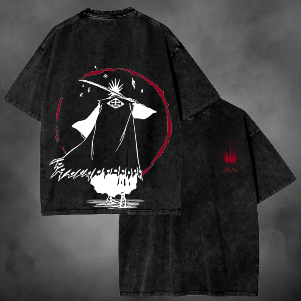 Black acid-wash oversized t-shirt with clean Kenpachi silhouette back graphic and red front emblem.