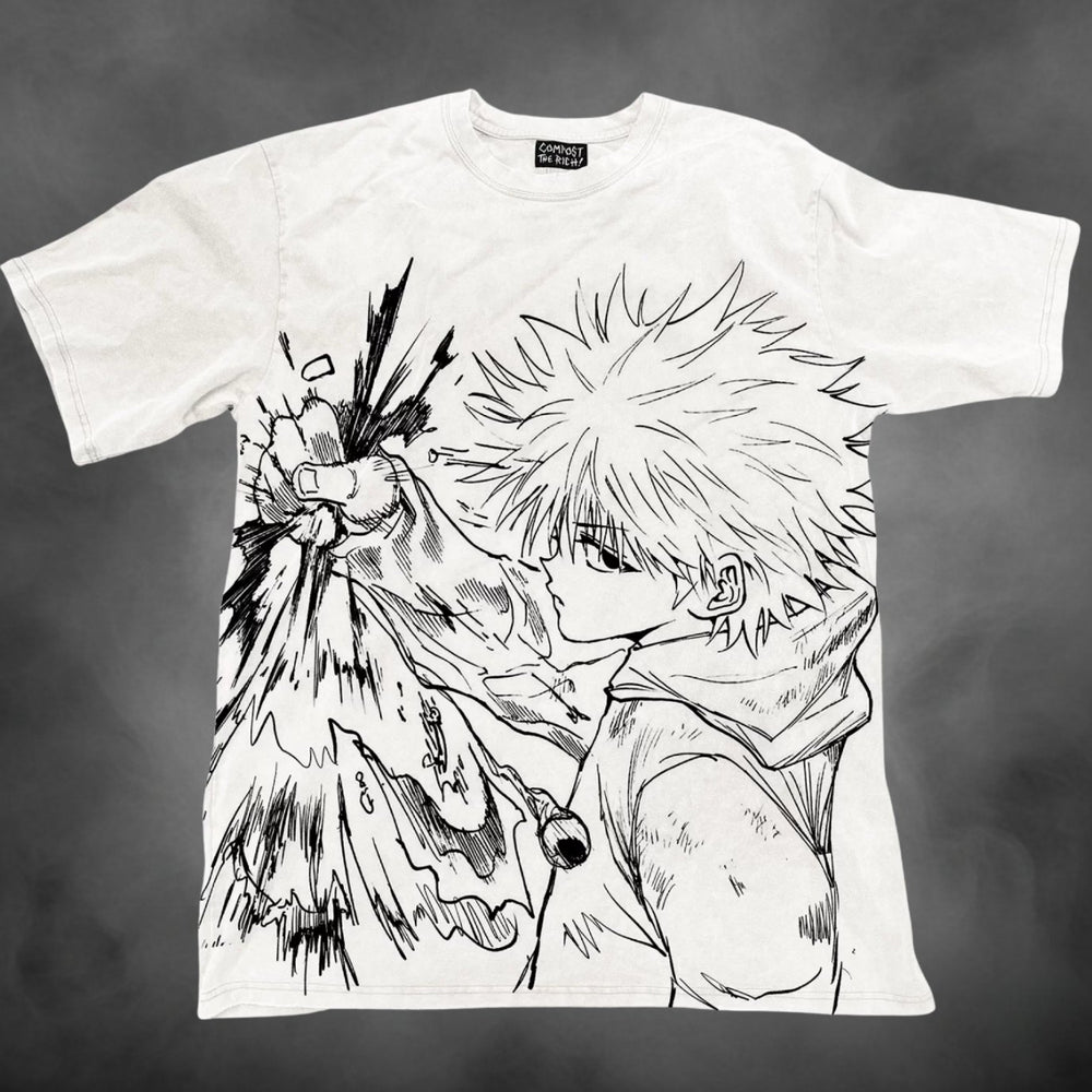 White oversized all-over-print t-shirt with Killua Zoldyck manga Hunter x Hunter graphic print.