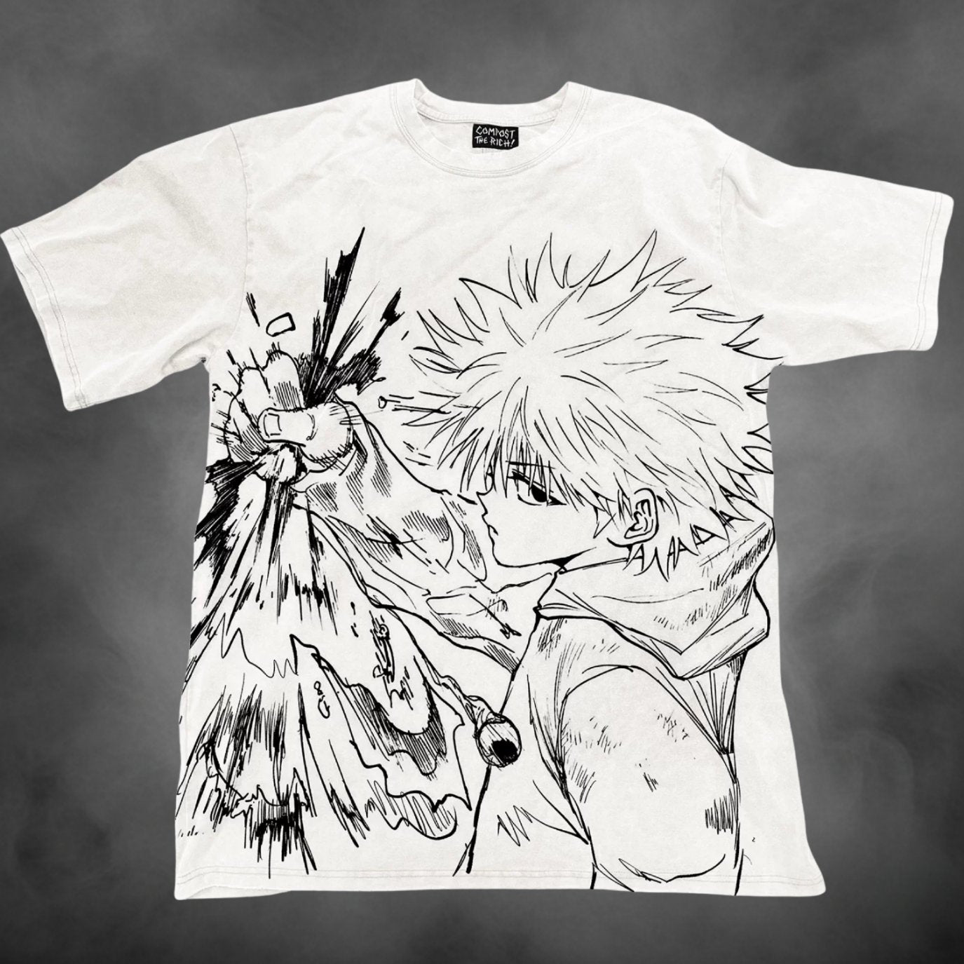 White oversized all-over-print t-shirt with Killua Zoldyck manga Hunter x Hunter graphic print.