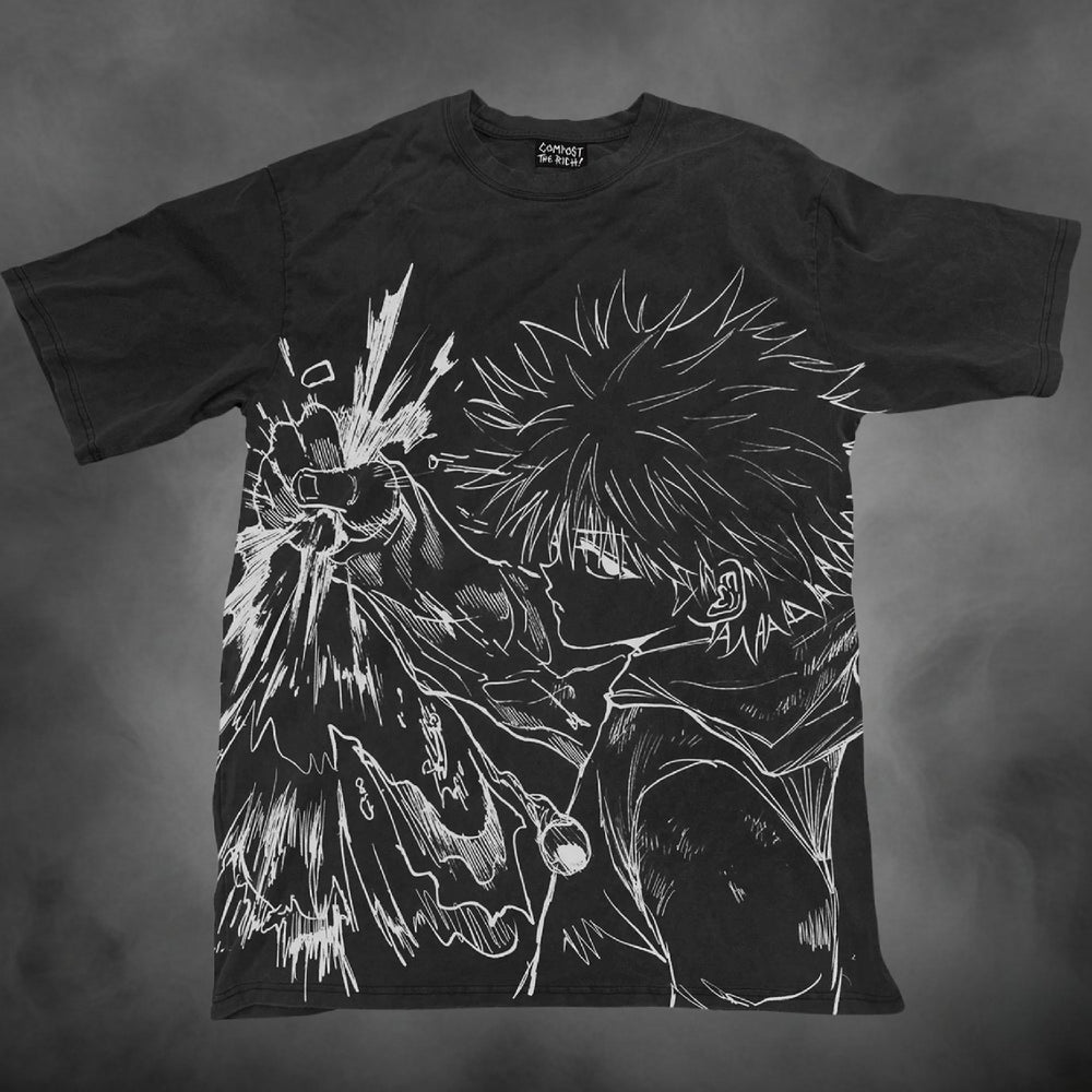 Black oversized all-over-print t-shirt with Killua Zoldyck dark Hunter x Hunter manga graphic print.