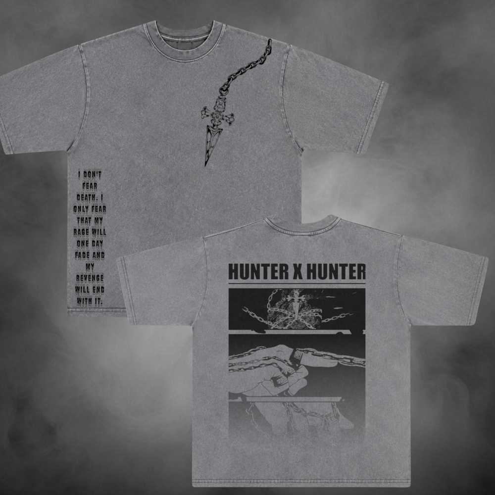 Gray acid-wash oversized t-shirt with Kurapika chain front graphic and Hunter x Hunter back print.
