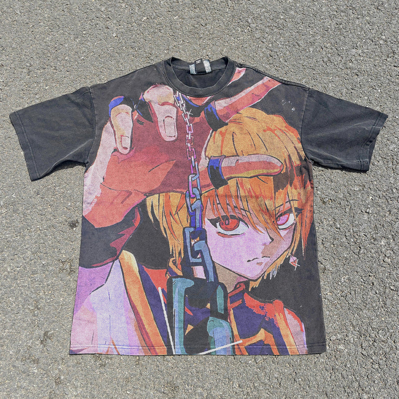 Acid-wash oversized all-over-print tee with Kurapika anime graphic print.