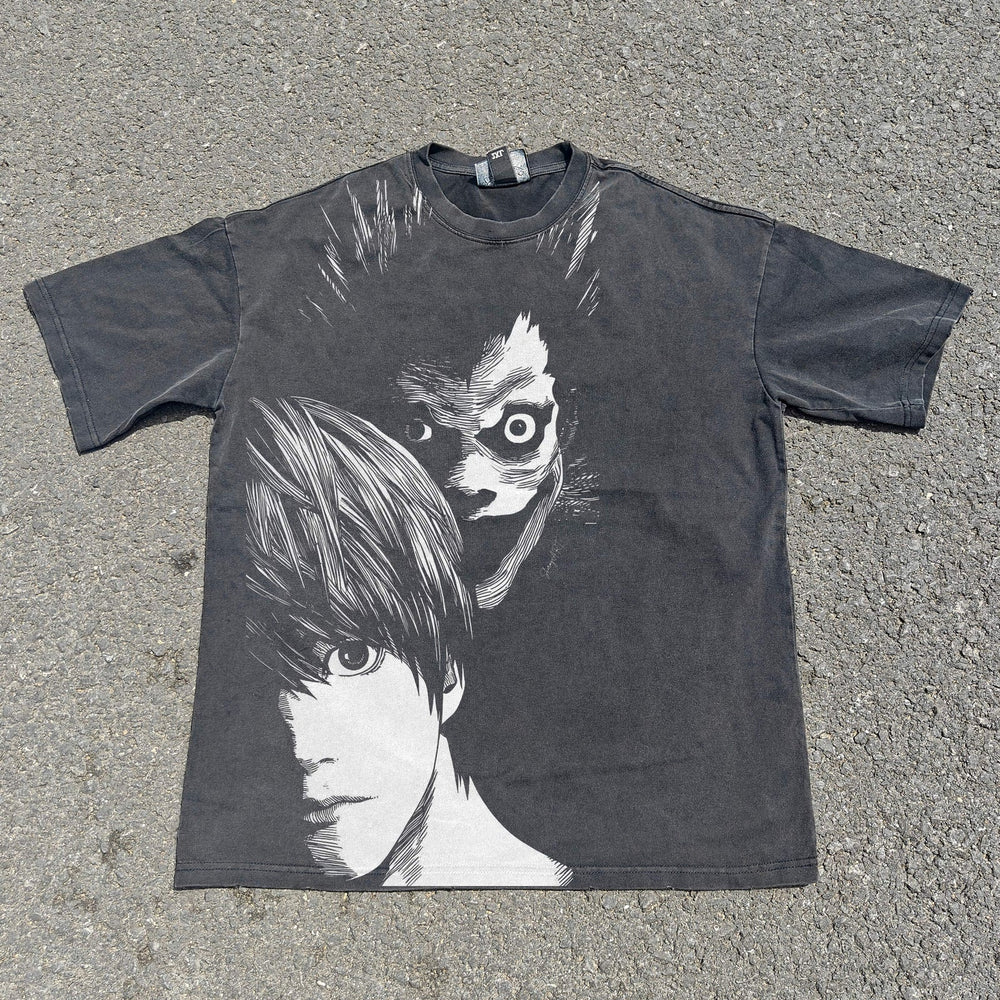 Acid-wash oversized all-over-print tee with Light & Ryuk anime graphic print.