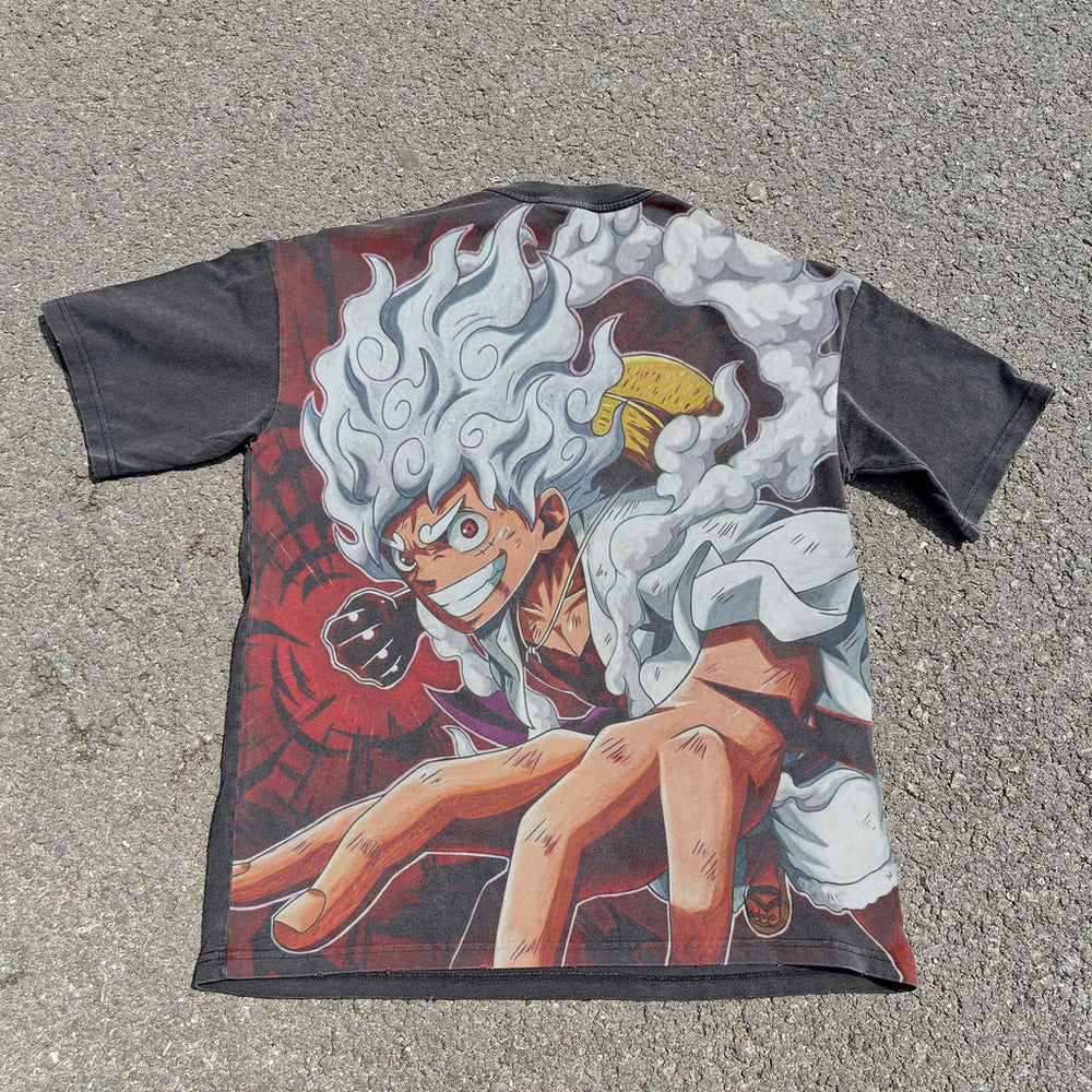 Acid-wash oversized all-over-print tee with Luffy Gear 5 anime graphic print.