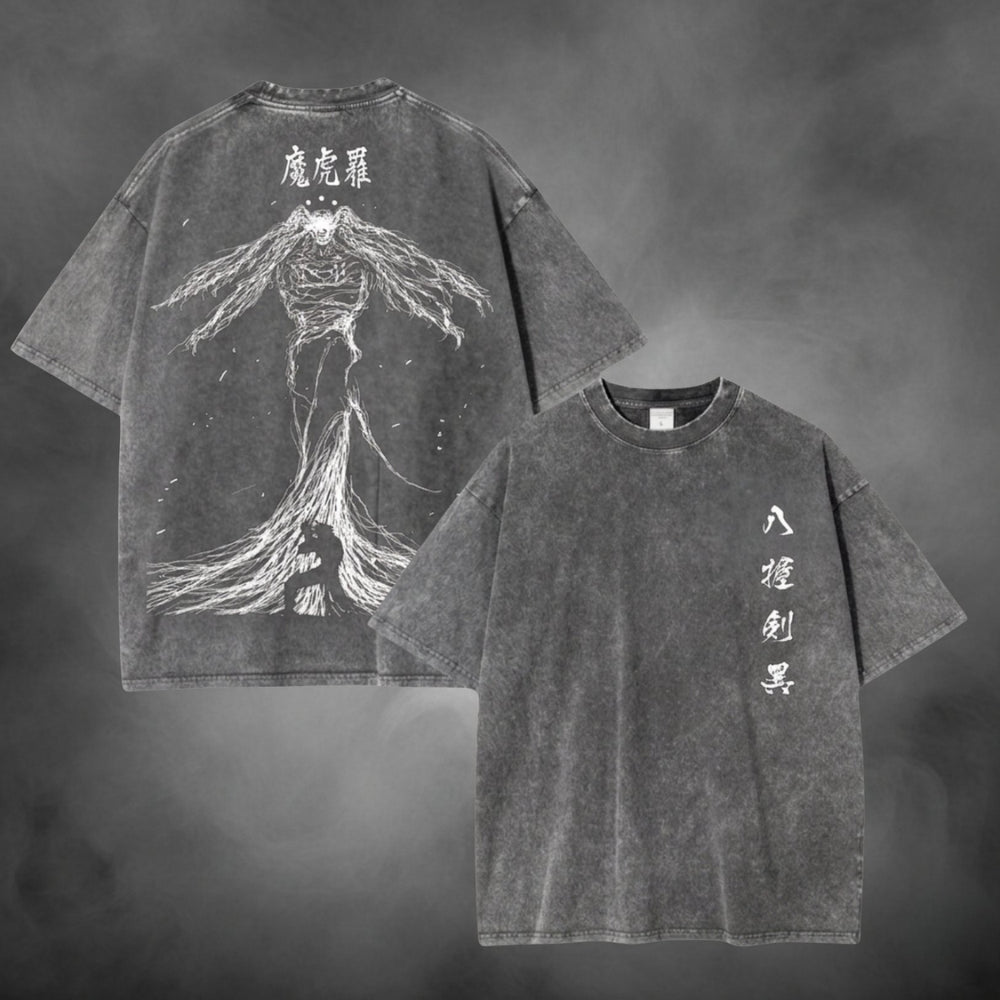 Acid-wash oversized t-shirt with Mahoraga anime graphic print.