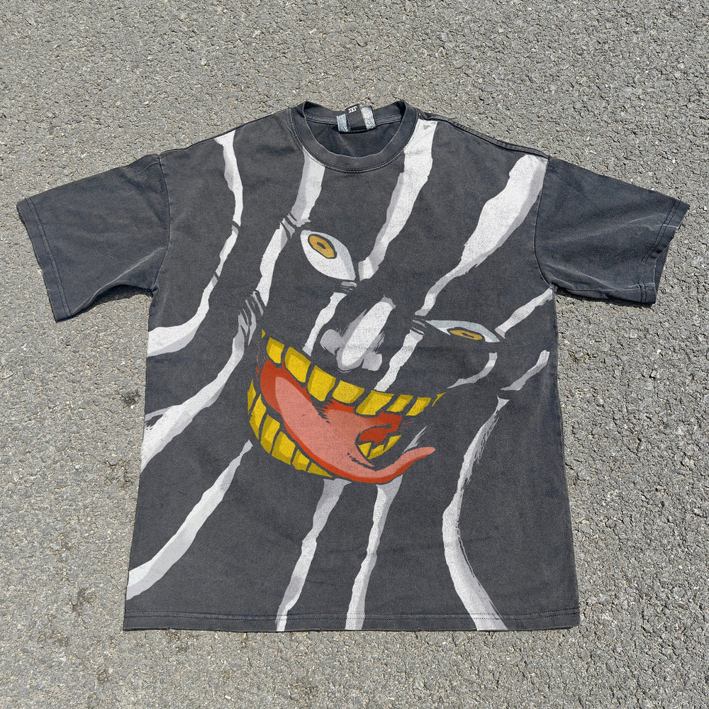 Acid-wash oversized all-over-print tee with Mayuri Kurotsuchi anime graphic print.