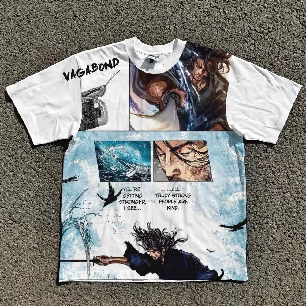 Acid-wash oversized all-over-print tee with Musashi Panel Collage anime graphic print.