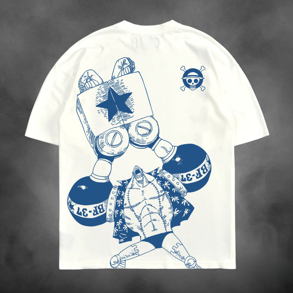 Acid-wash oversized t-shirt with Iron Franky anime graphic print.