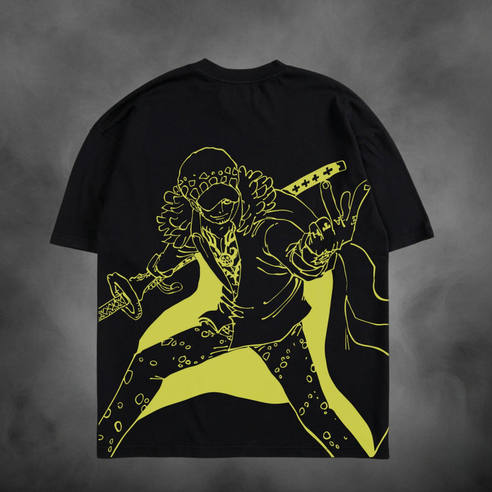 Acid-wash oversized t-shirt with Law Dead Alive anime graphic print.