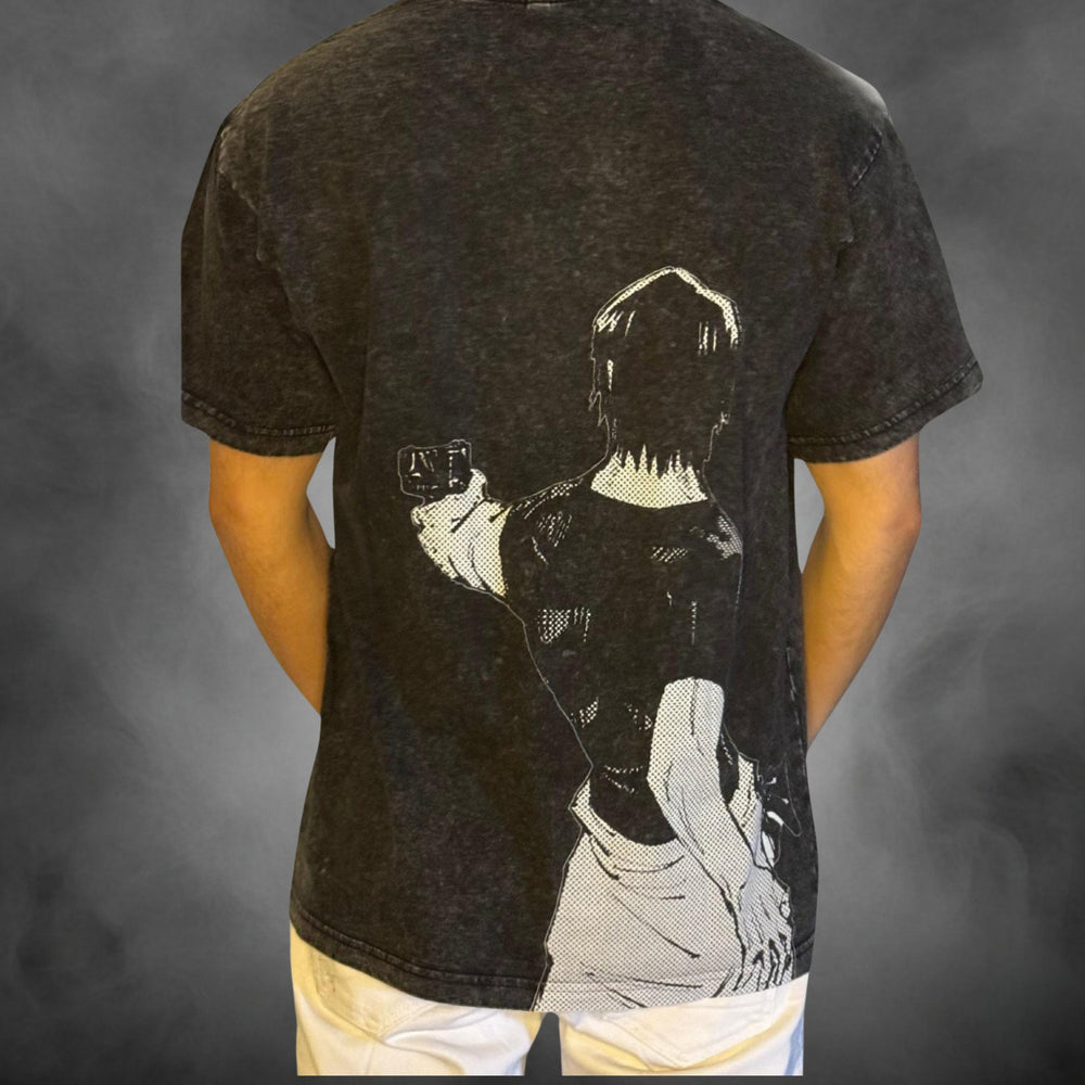 Acid-wash oversized pullover hoodie with Power anime graphic print.