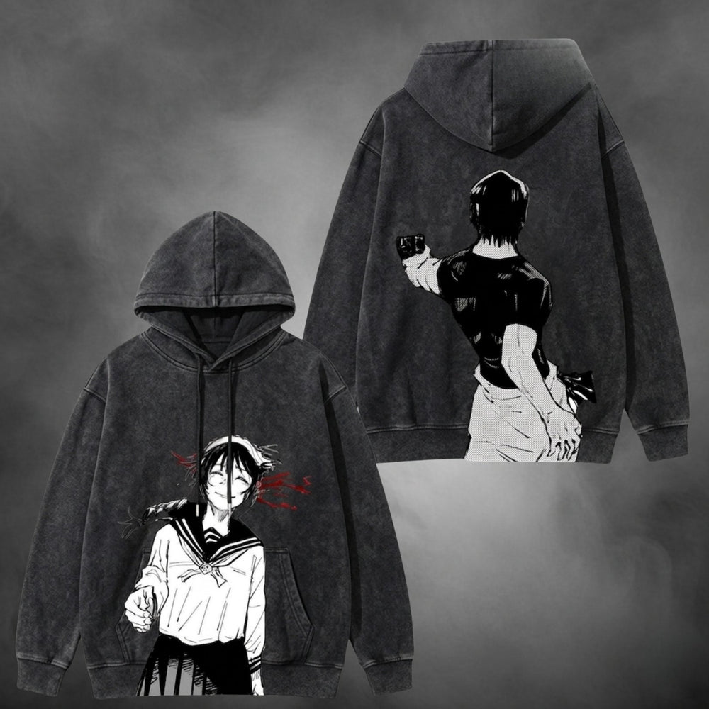 Acid-wash oversized pullover hoodie with Power anime graphic print.