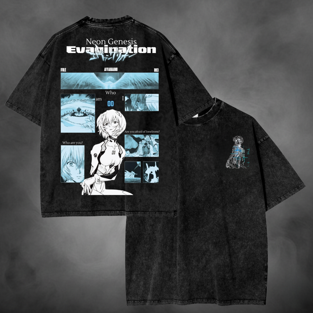 Black acid-wash oversized t-shirt with Rei Ayanami blue-accent file collage back print.
