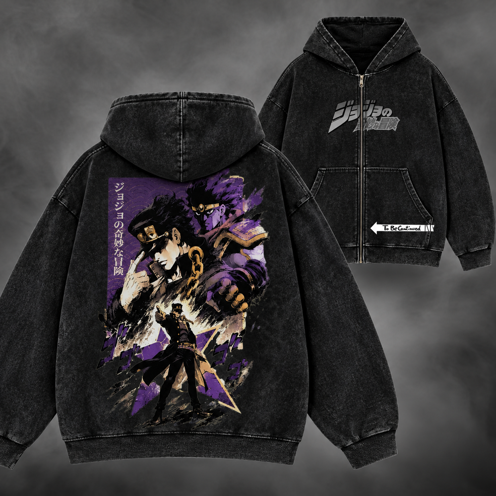 stardust manga zipup v1, washed black, front and back views with original JoJo artwork
