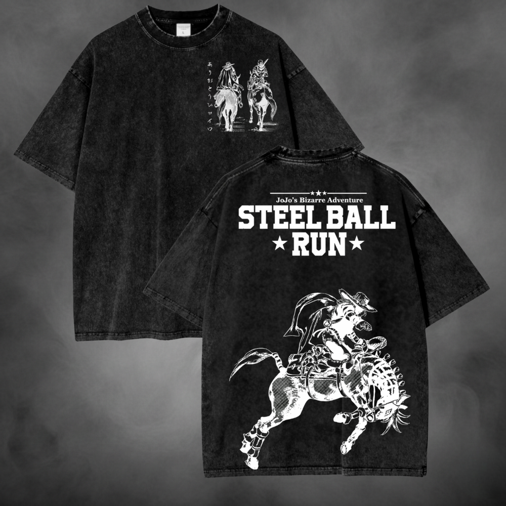 Black acid-wash oversized t-shirt with Steel Ball Run riders front and back graphic print.