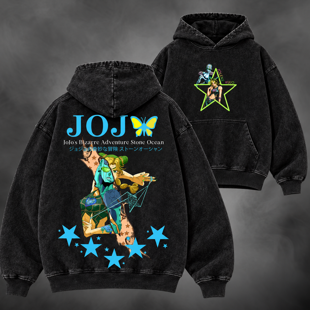 stone ocean jolyne hoodie v2, washed black, front and back views with original JoJo artwork