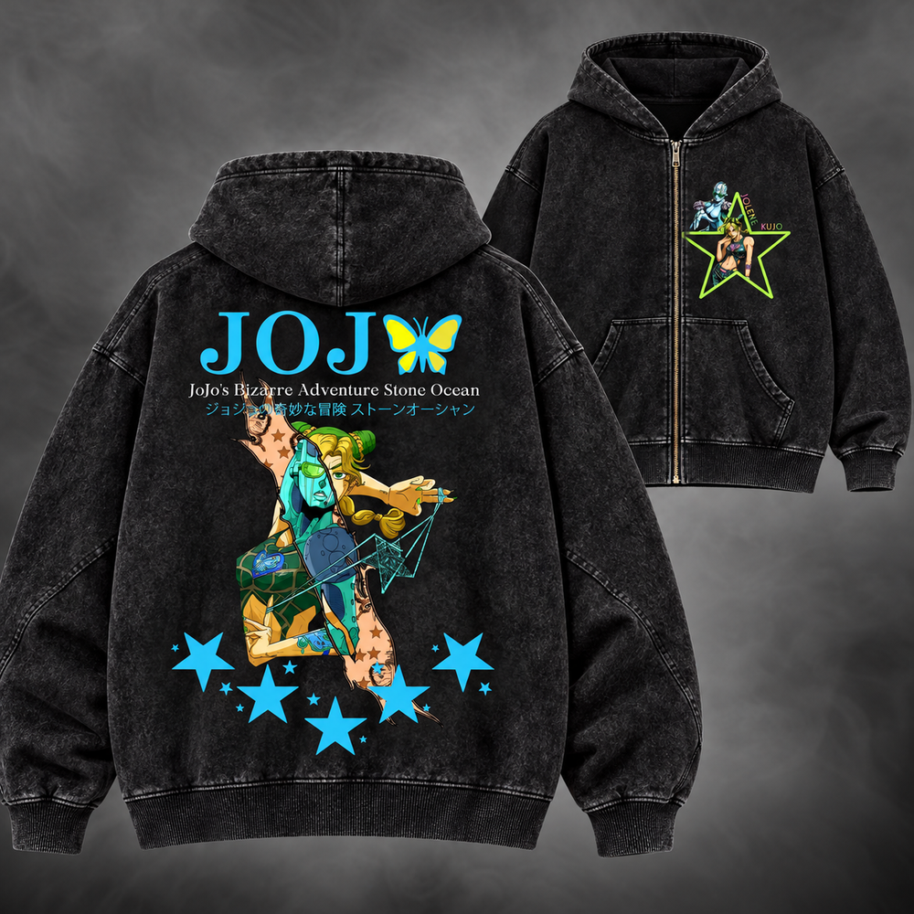 stone ocean jolyne zipup v2, washed black, front and back views with original JoJo artwork