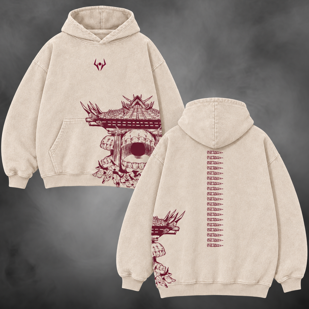 Sukuna Domain Hoodie V1 in cream, front and back views