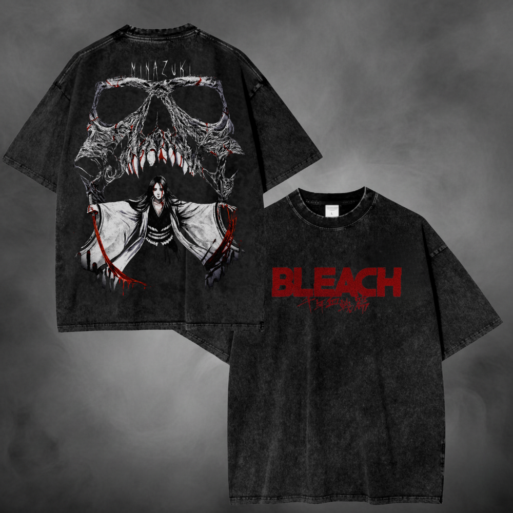 Black acid-wash oversized t-shirt with Unohana skull back graphic and red Bleach front print.
