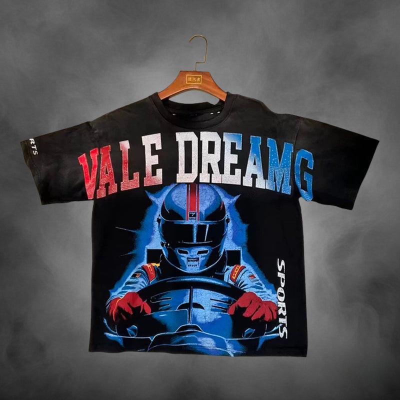 Black oversized streetwear t-shirt with Vale Dreams F1 racing driver sports graphic print.