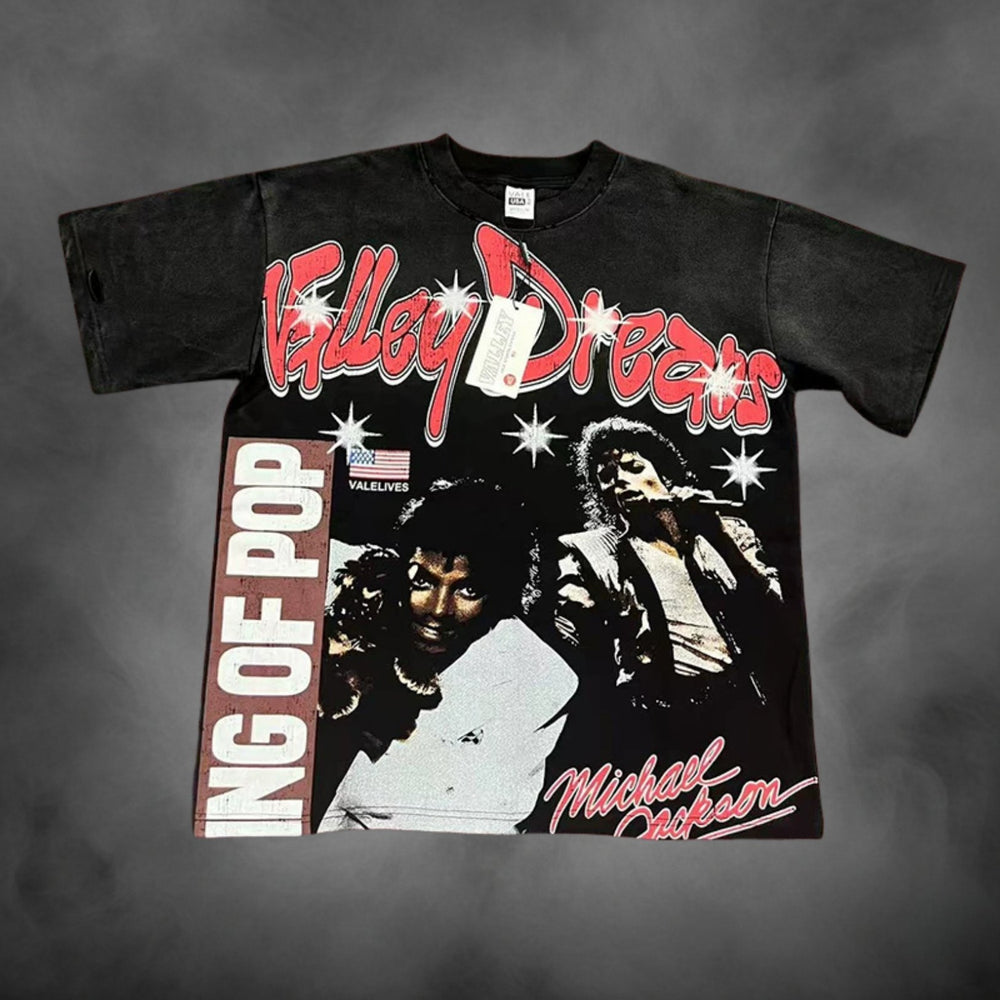 Black oversized streetwear t-shirt with Valley Dreams King of Pop music legend graphic print.