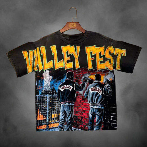 Black oversized streetwear t-shirt with Valley Fest graffiti NYC street scene graphic print.