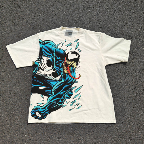 Acid-wash oversized all-over-print tee with Venom comic graphic print.
