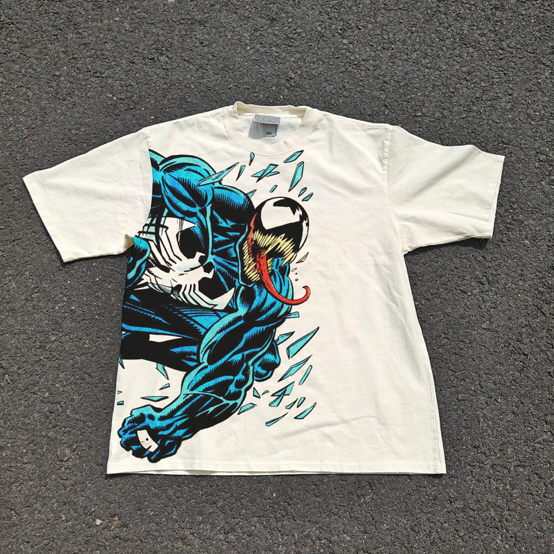 Acid-wash oversized all-over-print tee with Venom comic graphic print.