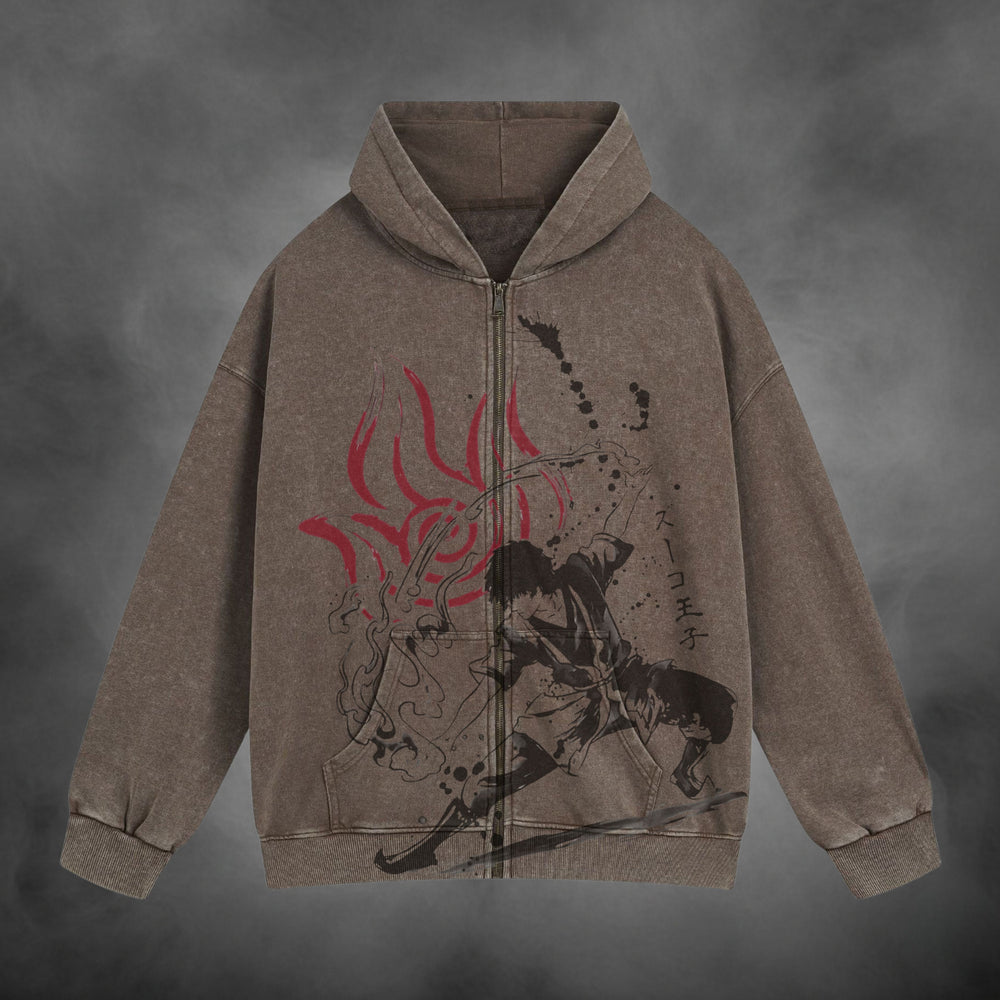 Zuko Zipup V1 in washed brown, front view with artwork across the zipper