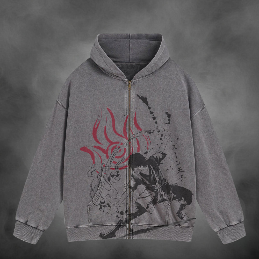 Zuko Zipup V1 in washed gray, front view with artwork across the zipper
