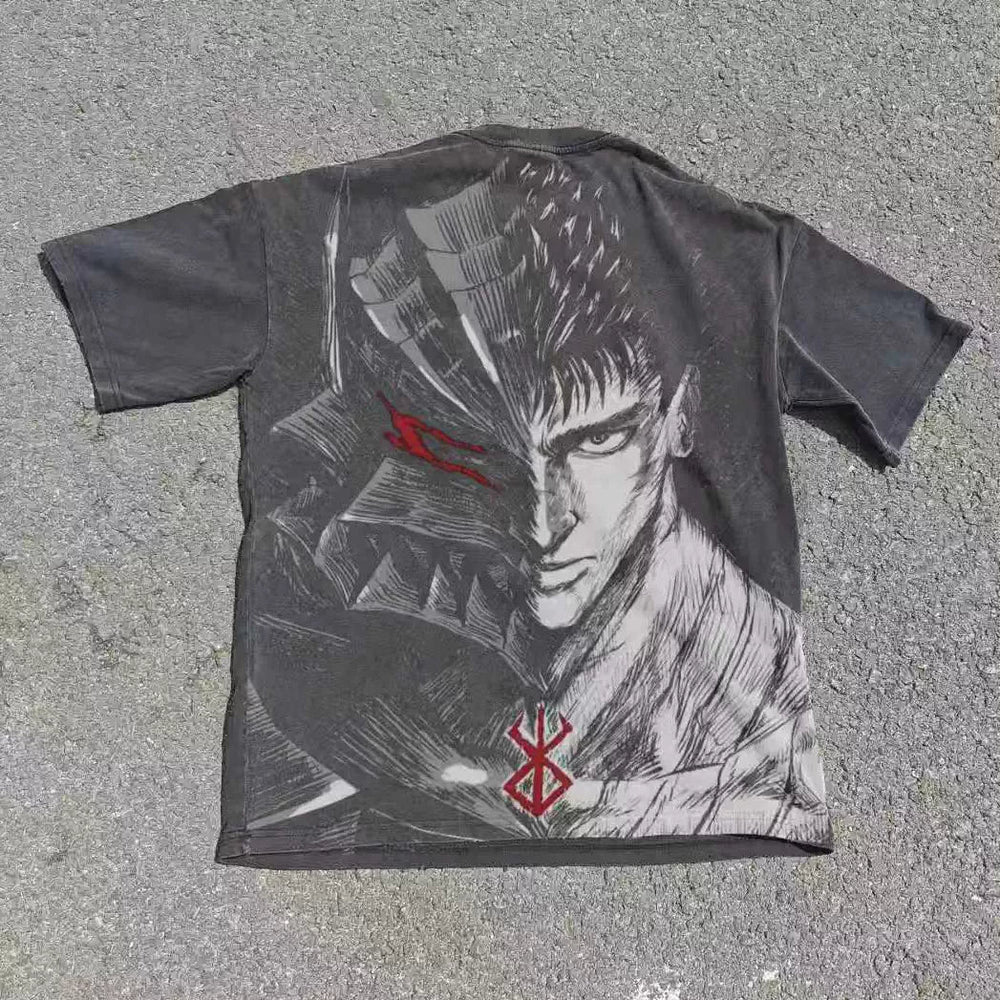 Acid-wash oversized all-over-print tee with Berserker 2 Sided anime graphic print.