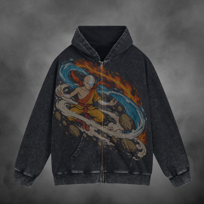 Aang Zipup V1 in washed black, front view with artwork across the zipper