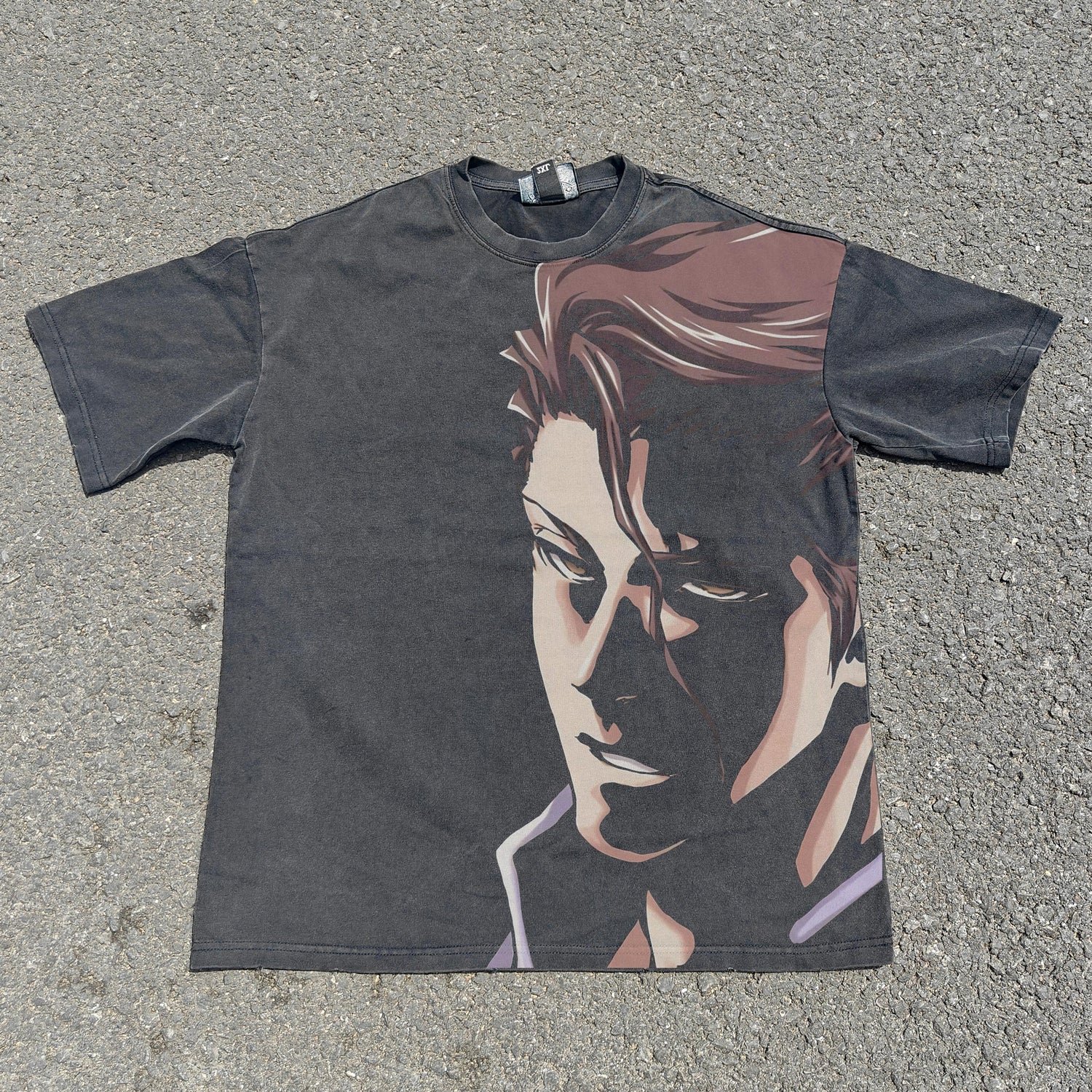 Acid-wash oversized all-over-print tee with Aizen anime graphic print.